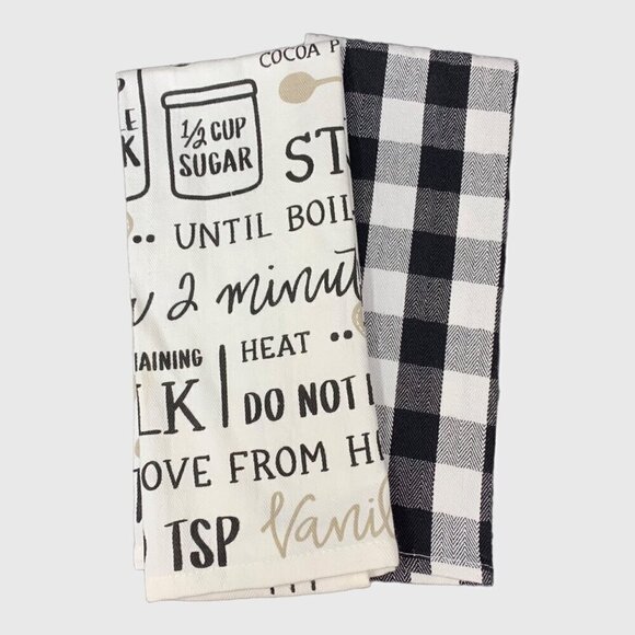 Hot Cocoa Marshmallow Kitchen Tea Towels Cotton Set Buffalo Check Black White - Picture 1 of 9